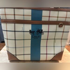Coach Plaid Tote with Blue Accent